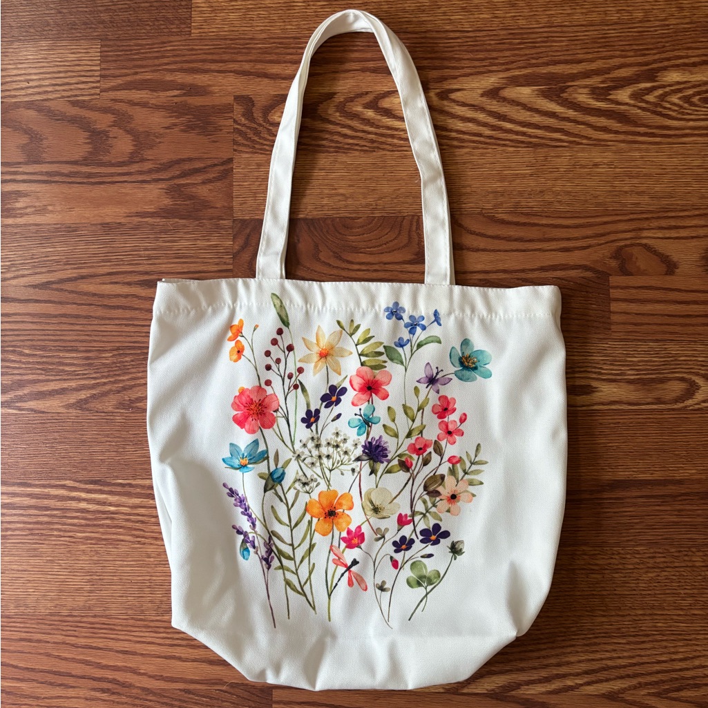 New Floral Print Cream Tote Bag
